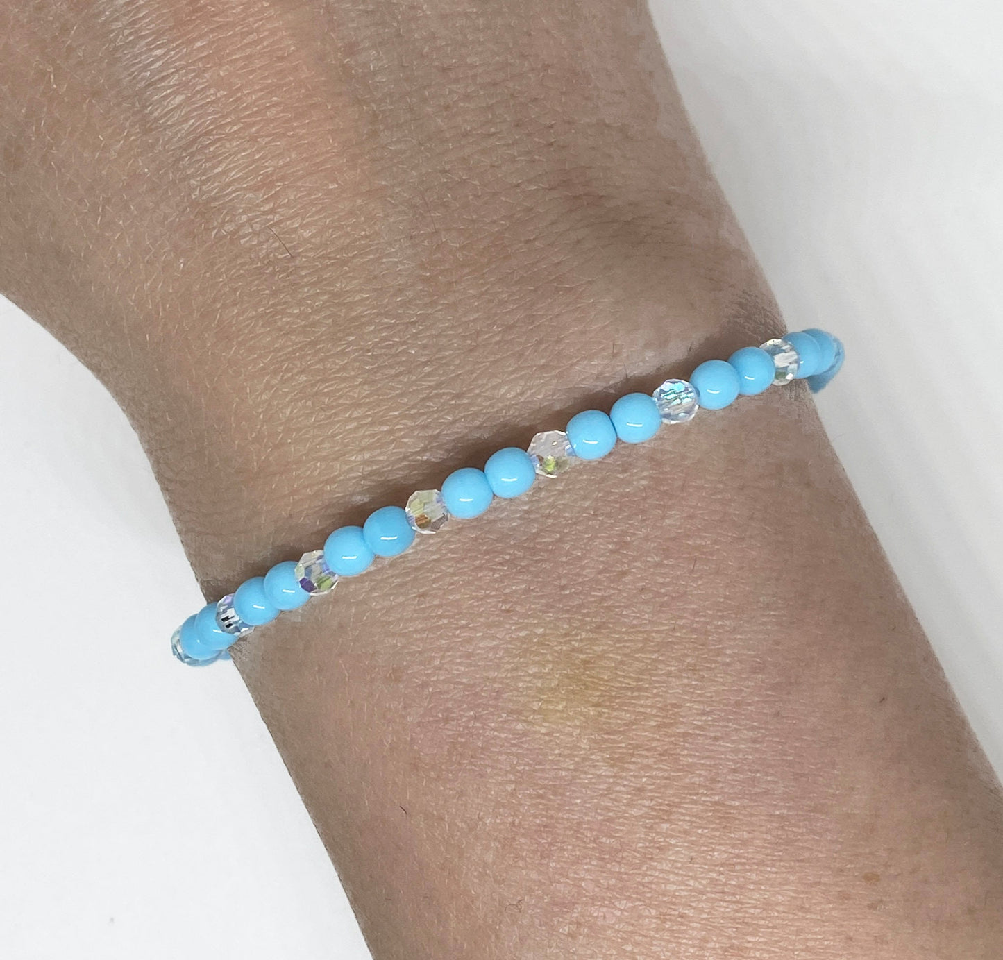 Glass Beaded Bracelet in Opaque Light Turquoise and Crystal AB