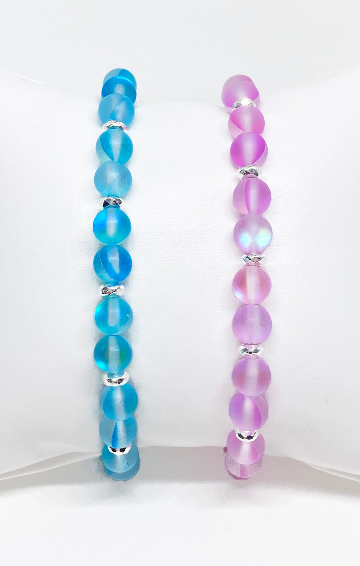 8mm Iridescent Matte Glass Beaded Bracelet in Purple or Turquoise