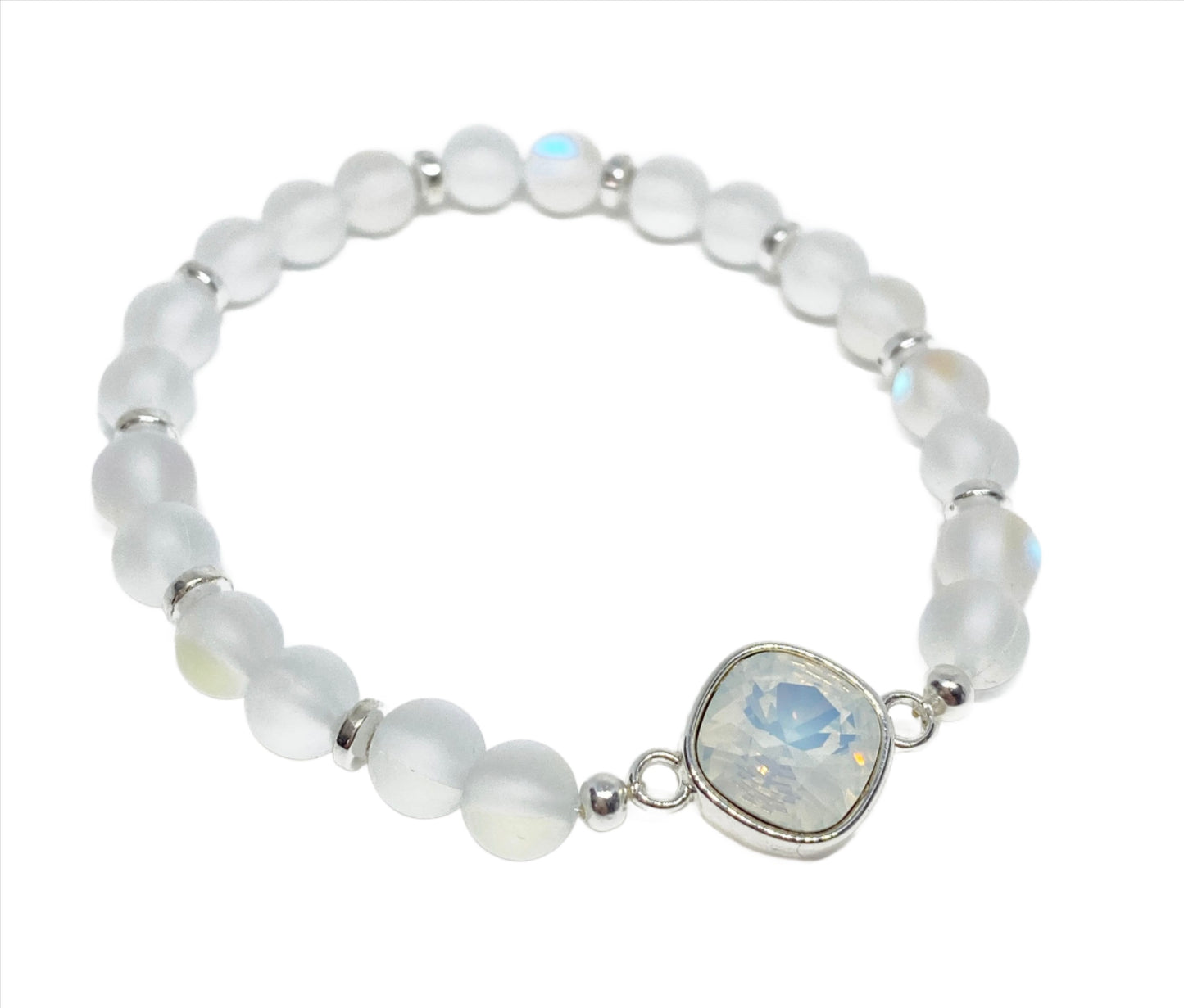 Swarovski 10mm Cushion Crystal in White Opal and Silver with Iridescent Matte Clear Glass