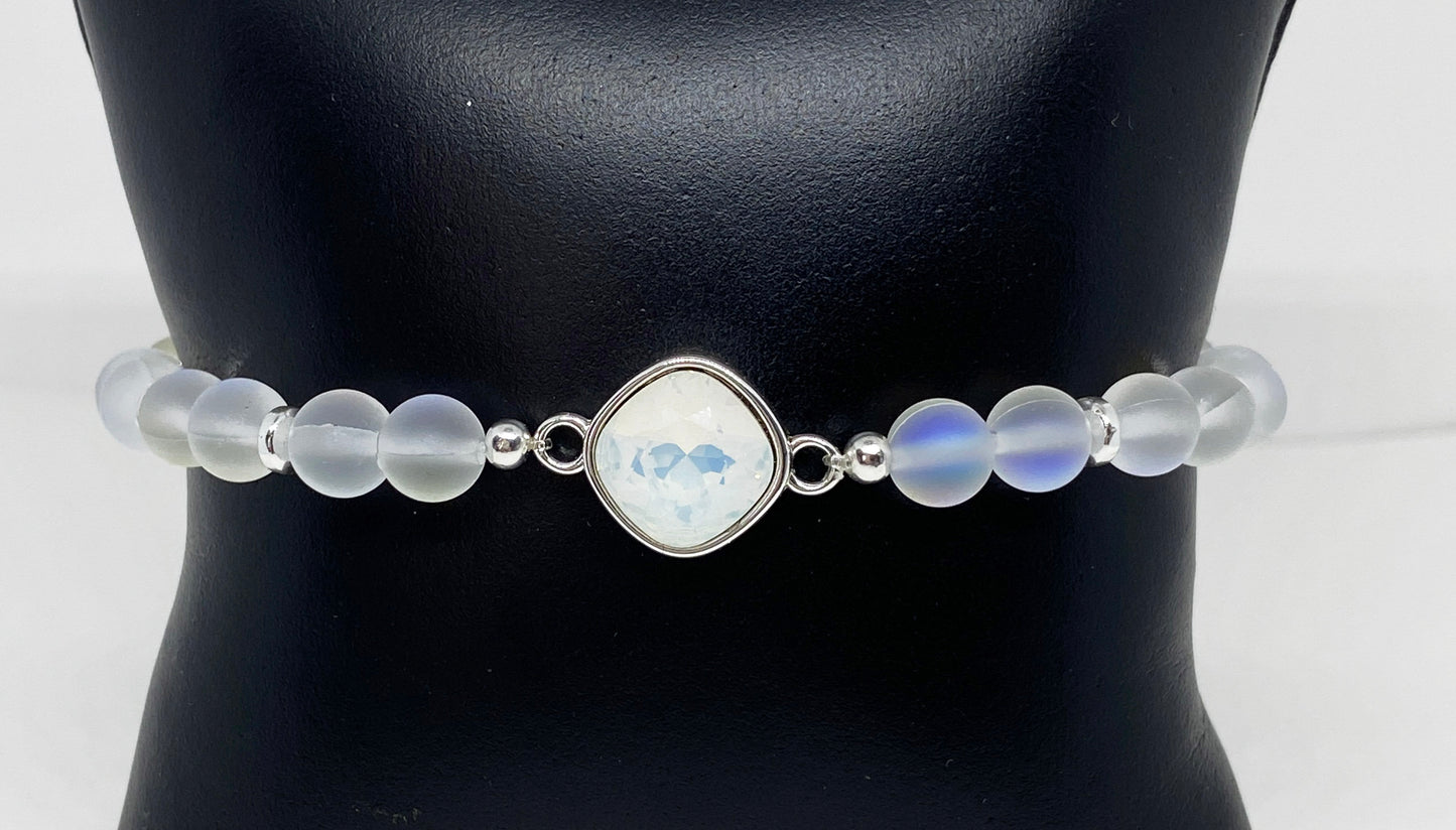 Swarovski 10mm Cushion Crystal in White Opal and Silver with Iridescent Matte Clear Glass