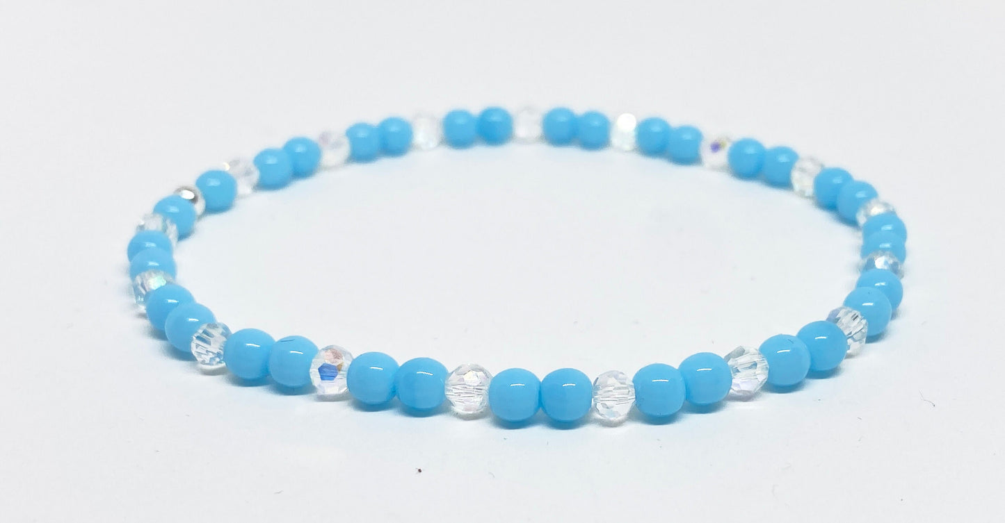 Glass Beaded Bracelet in Opaque Light Turquoise and Crystal AB