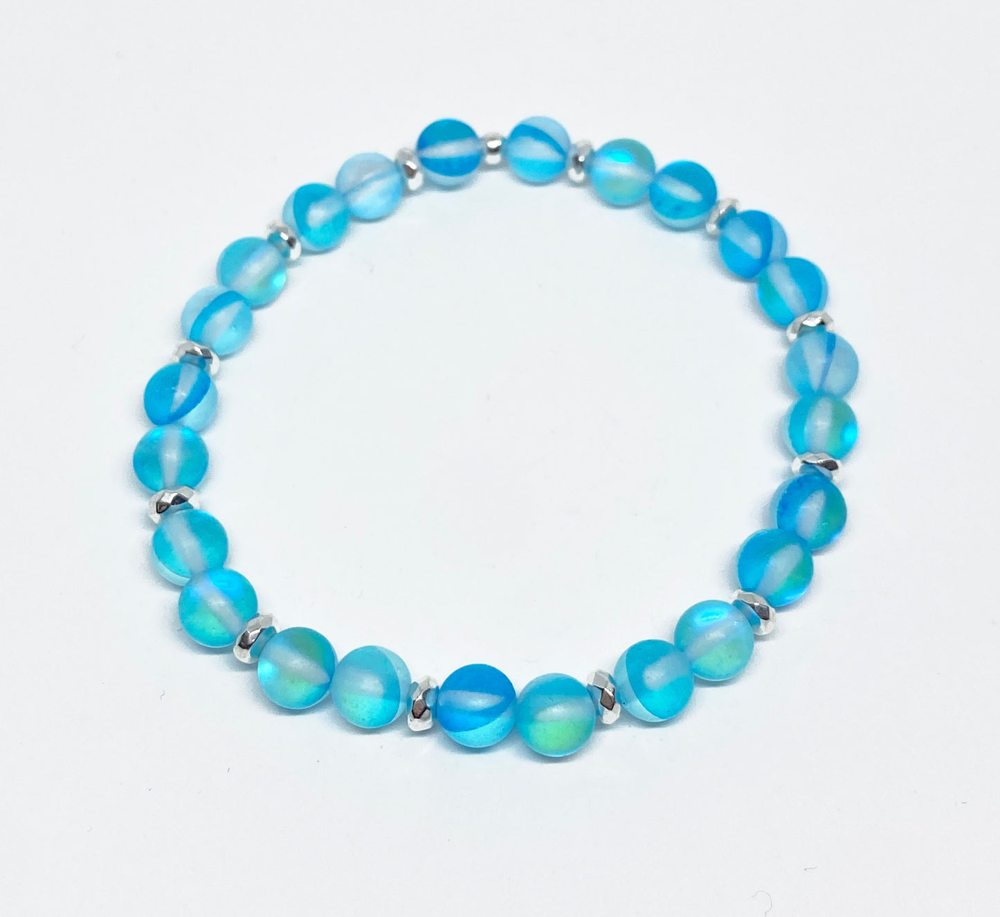 8mm Iridescent Matte Glass Beaded Bracelet in Purple or Turquoise