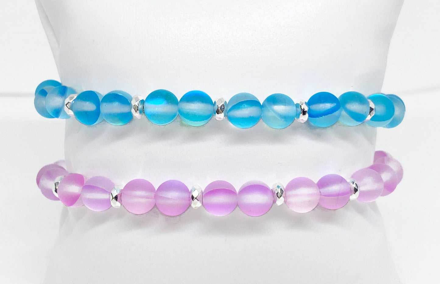 8mm Iridescent Matte Glass Beaded Bracelet in Purple or Turquoise