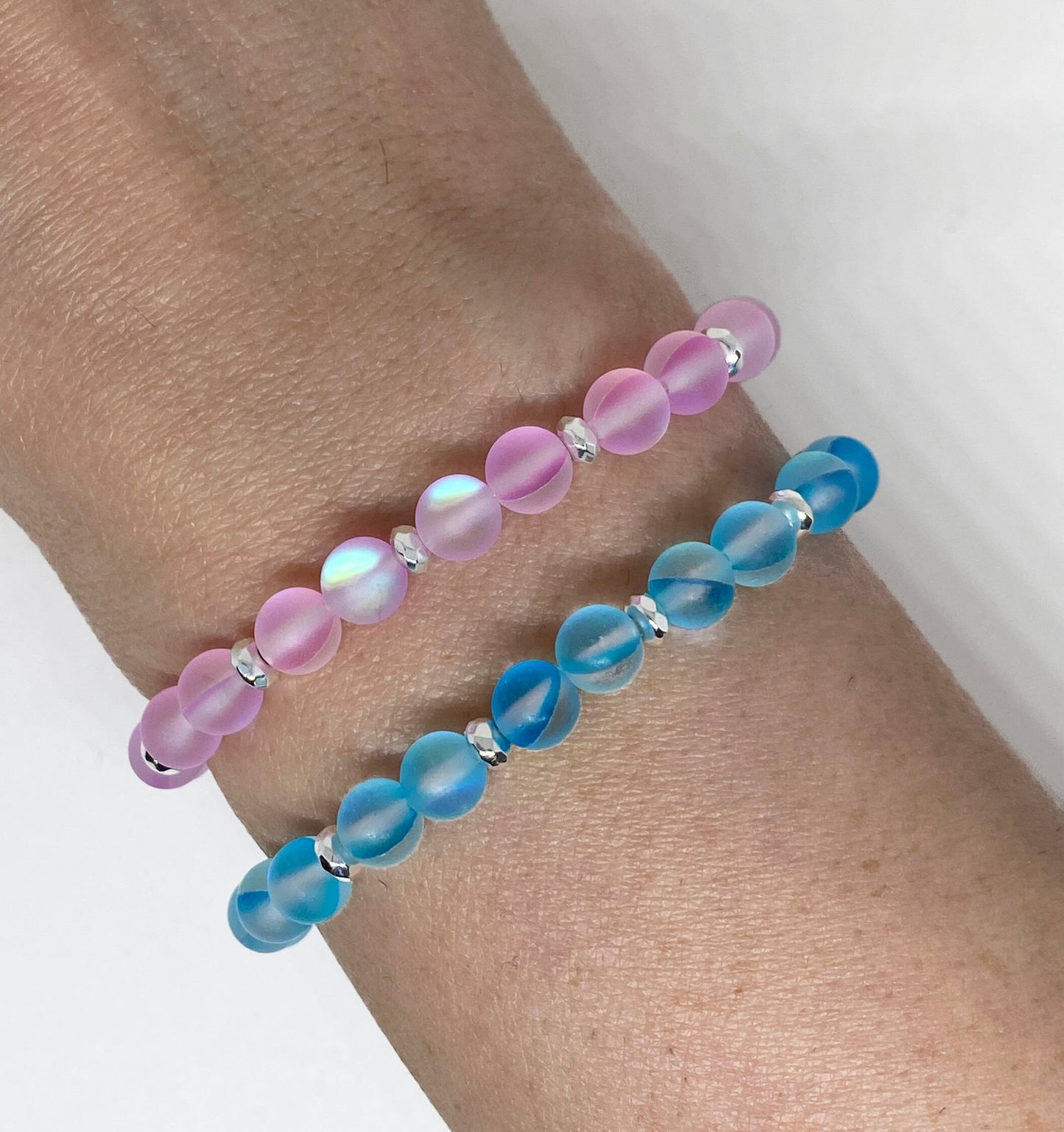 8mm Iridescent Matte Glass Beaded Bracelet in Purple or Turquoise