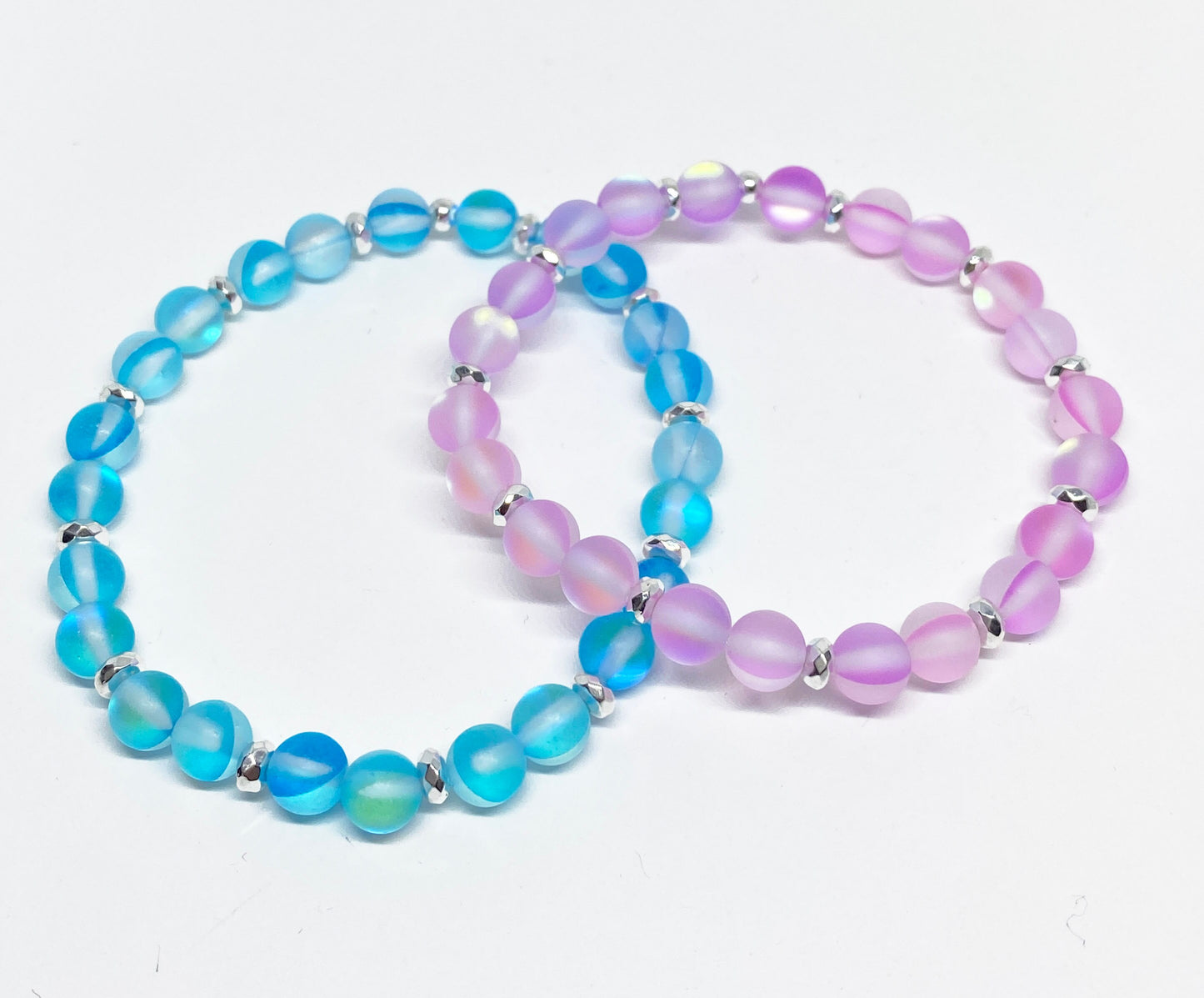 8mm Iridescent Matte Glass Beaded Bracelet in Purple or Turquoise