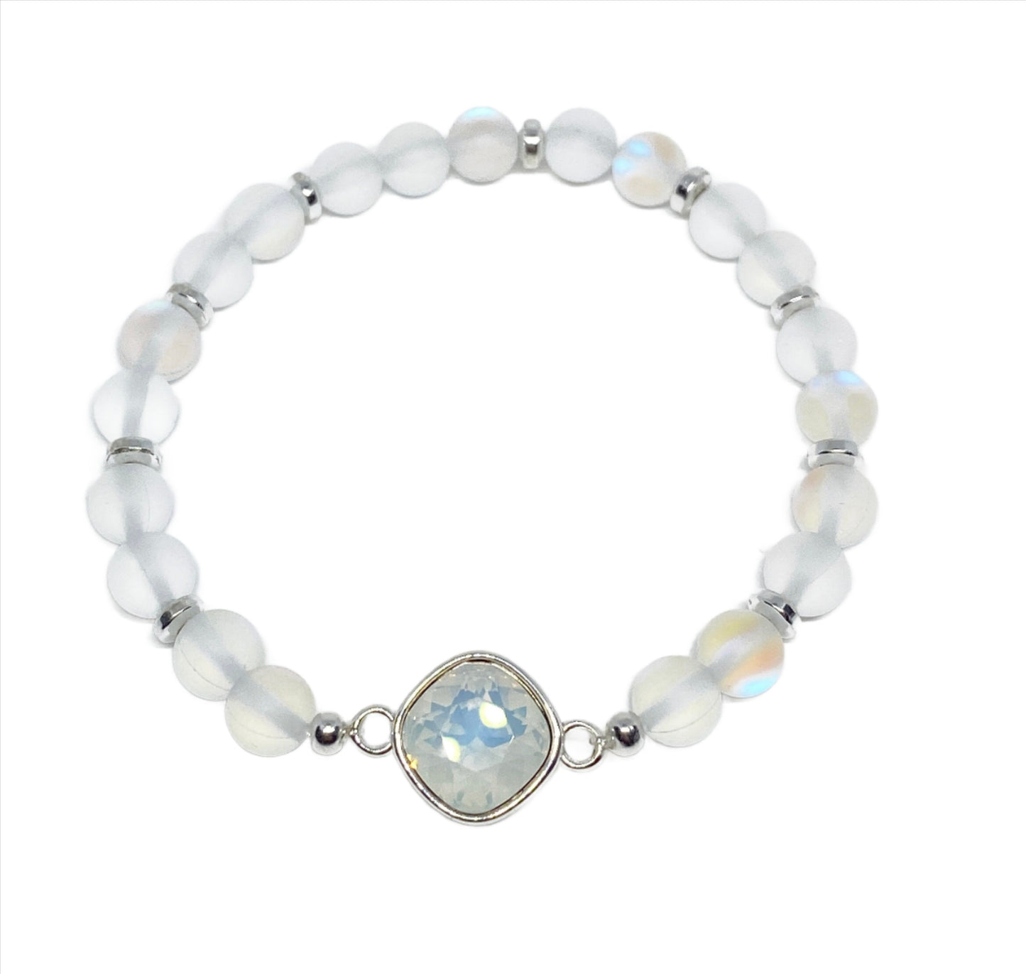 Swarovski 10mm Cushion Crystal in White Opal and Silver with Iridescent Matte Clear Glass