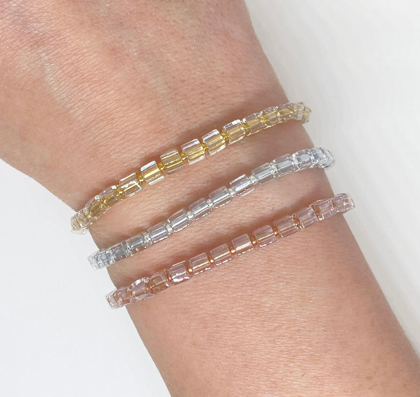 Mini Square Glass Bead Bracelet in Gold, Silver, or Rose Gold