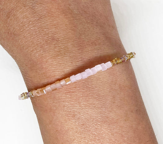 Dainty Square Glass Beaded Bracelet in Pink