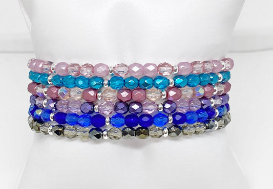 Czech Fire Polished Glass Bead Bracelet in Pink, Aqua, Purple, Blue, and Gray