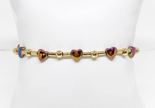 Rainbow Hematite Heart and Gold Tube Beaded Accent Bracelet