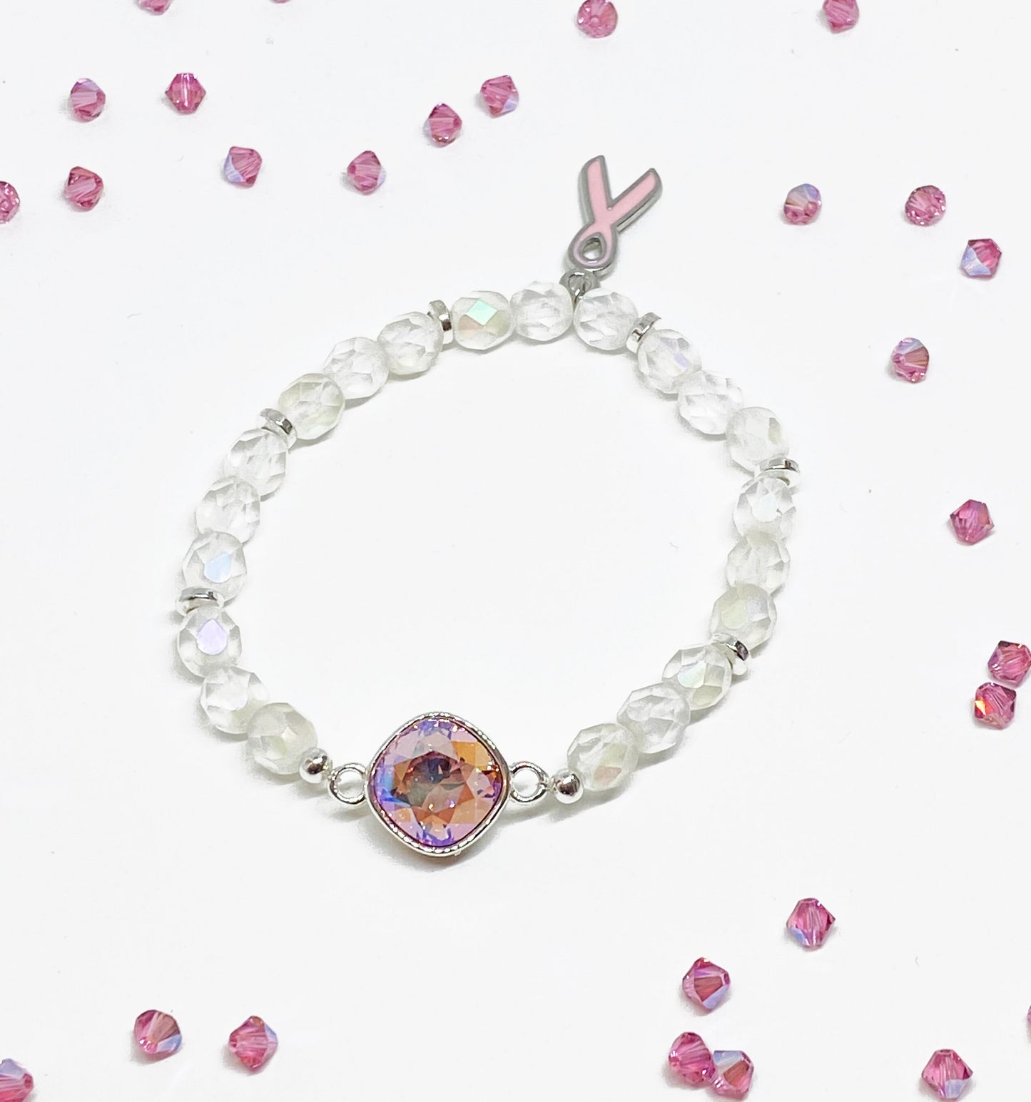 Swarovski Cushion Crystal Limited Edition Charity Beaded Bracelet in Pretty Pink Opulence for Breast Cancer Awareness