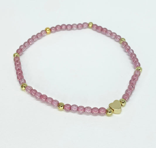 Pink Glass Beaded Bracelet in Light Pink with Tiny Gold Heart