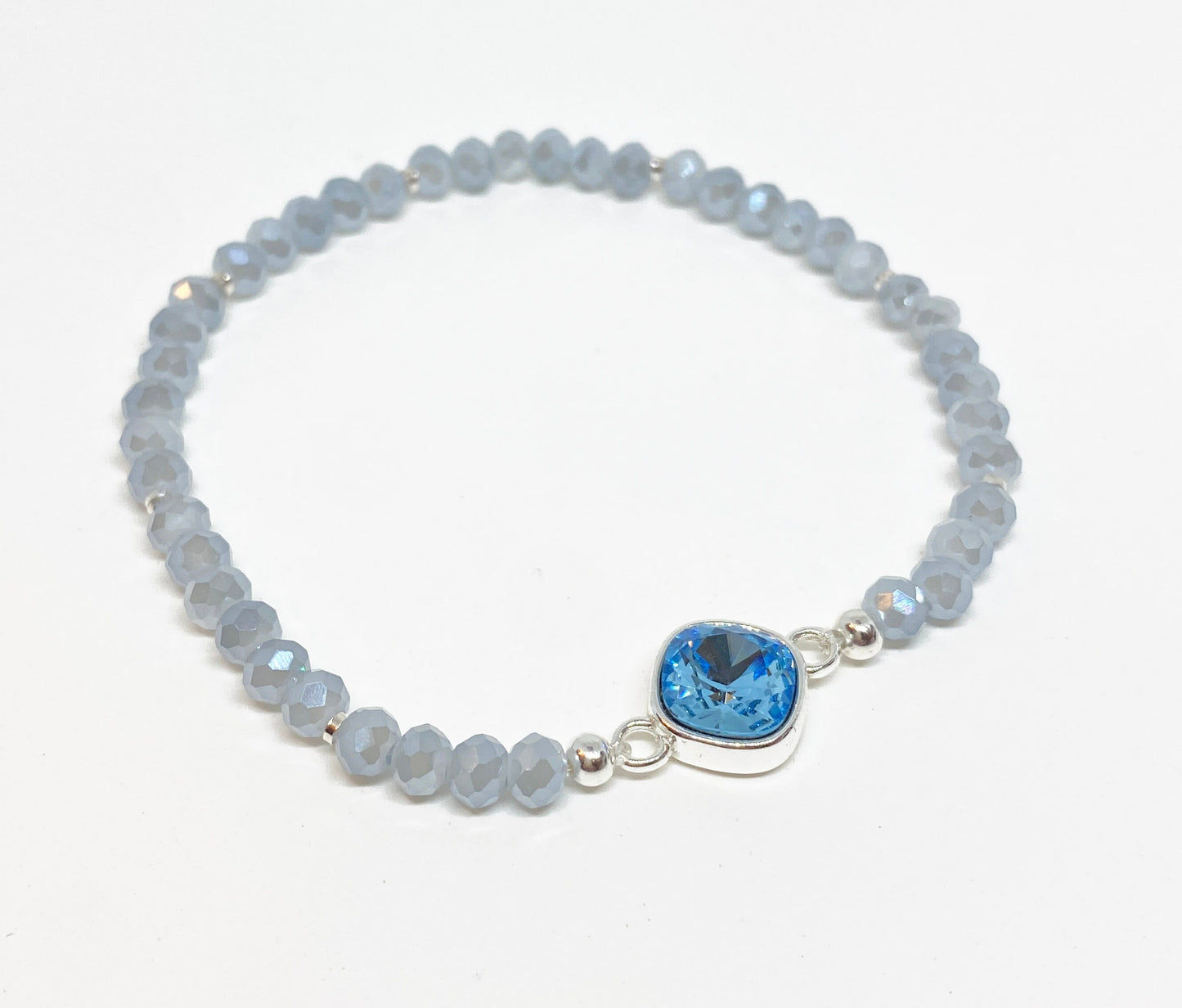 Swarovski Crystal 8mm Cushion Bracelet in Aquamarine with gray blue beads