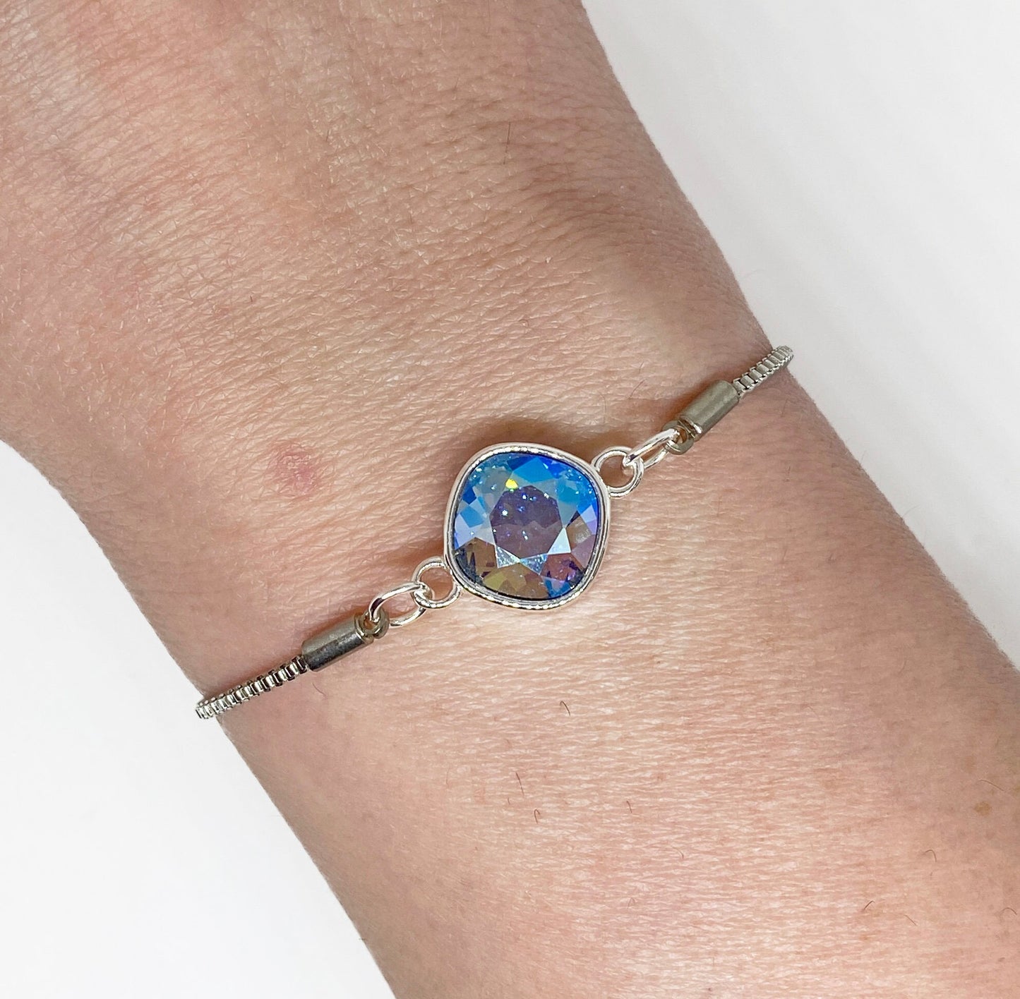 Swarovski 10mm Cushion Crystal Bracelet in Light Sapphire Shimmer on Silver Adjustable Bracelet