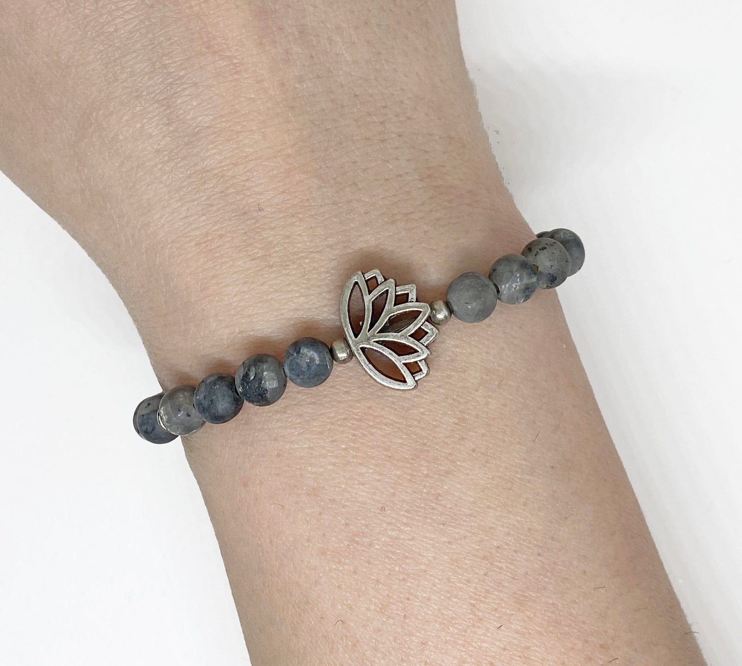 Silver Plated Lotus Bead with Natural Labradorite Beaded Bracelet