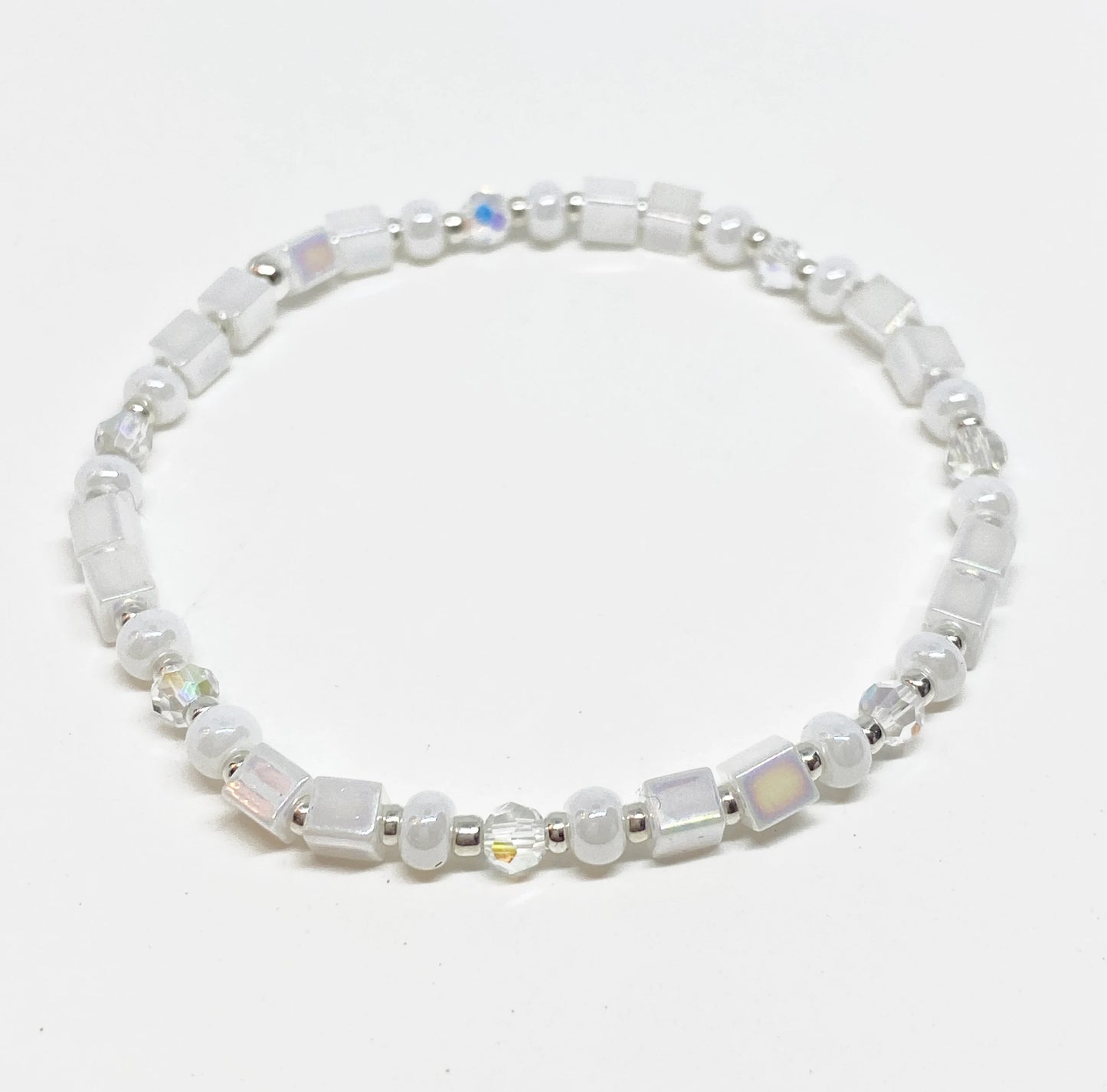 Square Glass and Crystal Beaded Bracelet in Aurora Borealis and White Luster