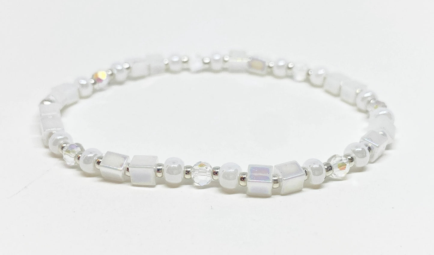 Square Glass and Crystal Beaded Bracelet in Aurora Borealis and White Luster