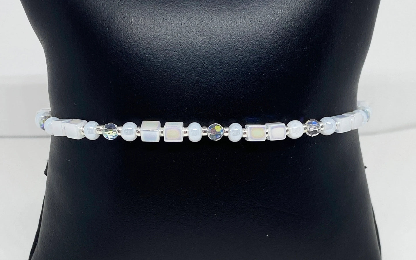 Square Glass and Crystal Beaded Bracelet in Aurora Borealis and White Luster