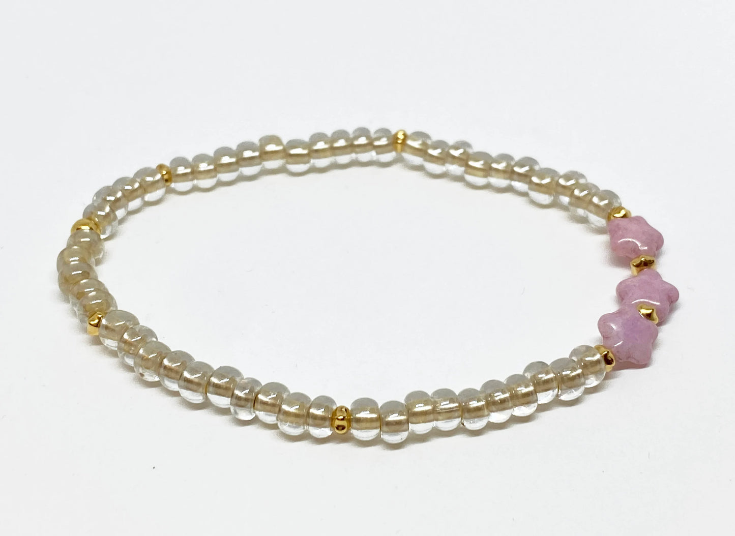 Mini Flower Pink Glass Beaded Bracelet with Gold Seed Beads