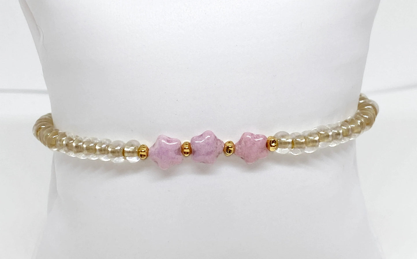 Mini Flower Pink Glass Beaded Bracelet with Gold Seed Beads