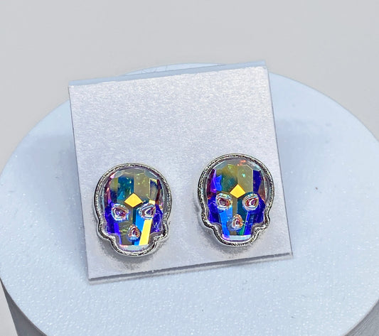 12x10mm Swarovski Crystal Skull Stud Earrings in Silver and Crystal AB