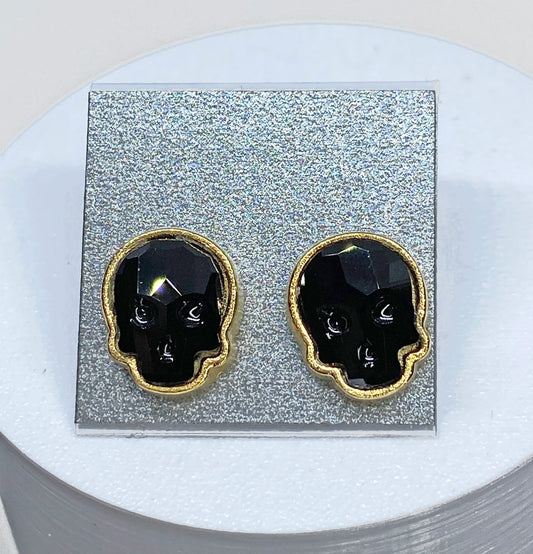 12x10mm Swarovski Crystal Skull Stud Earrings in Gold and Jet Black