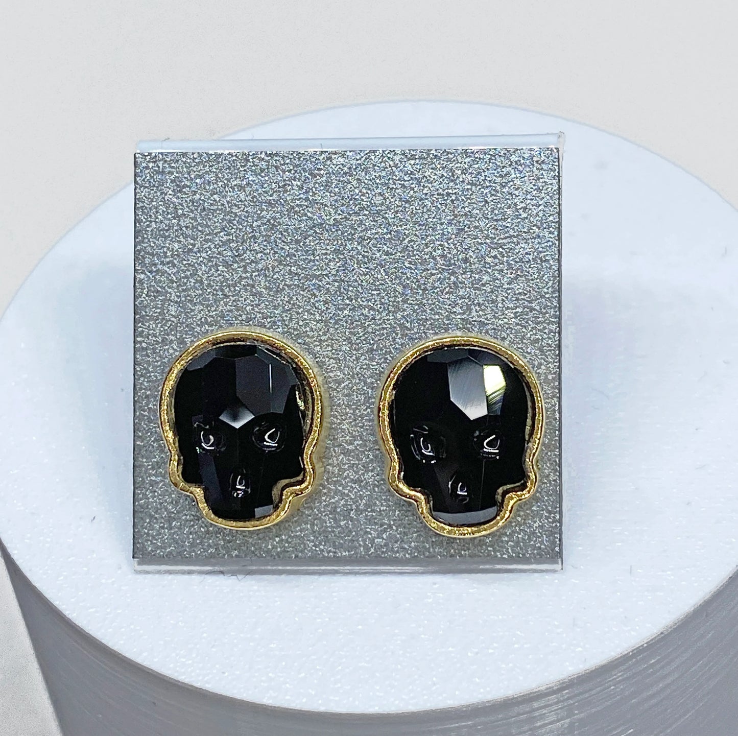 12x10mm Swarovski Crystal Skull Stud Earrings in Gold and Jet Black