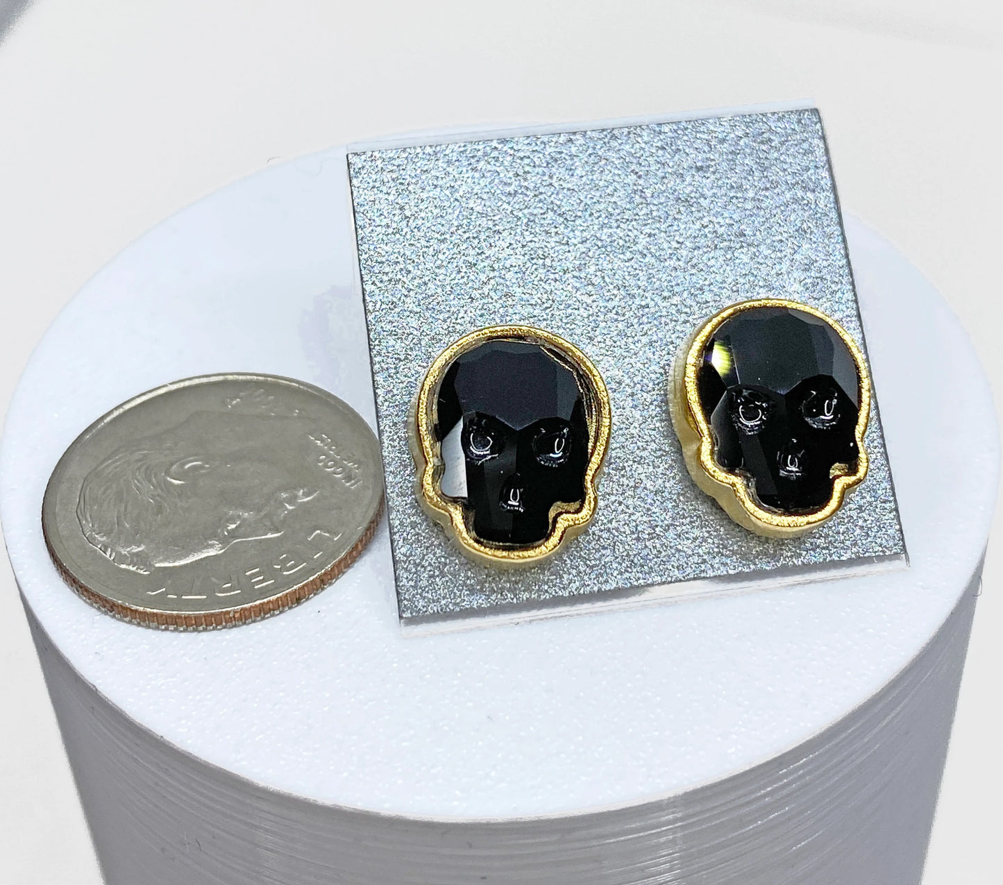 12x10mm Swarovski Crystal Skull Stud Earrings in Gold and Jet Black