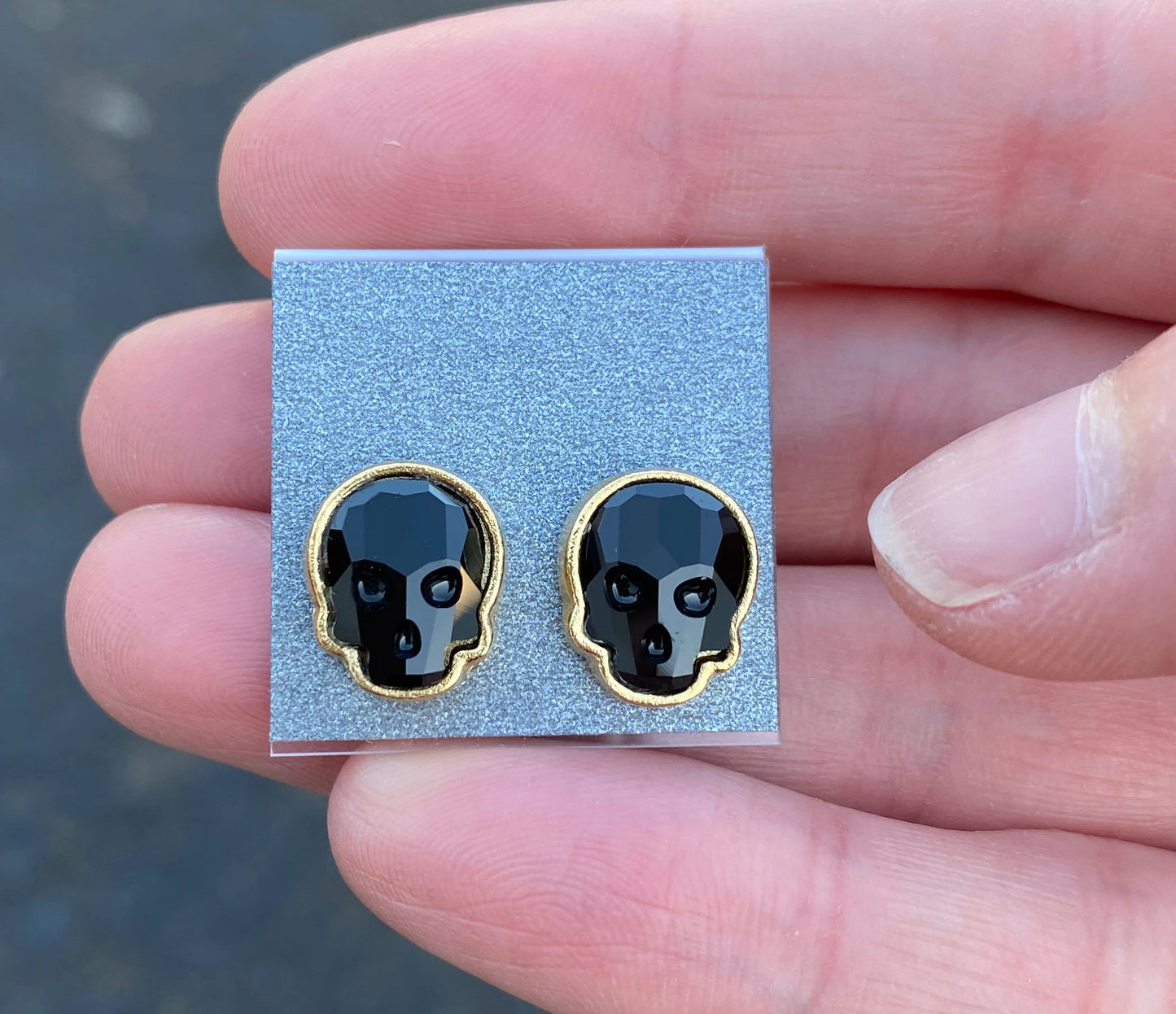 12x10mm Swarovski Crystal Skull Stud Earrings in Gold and Jet Black