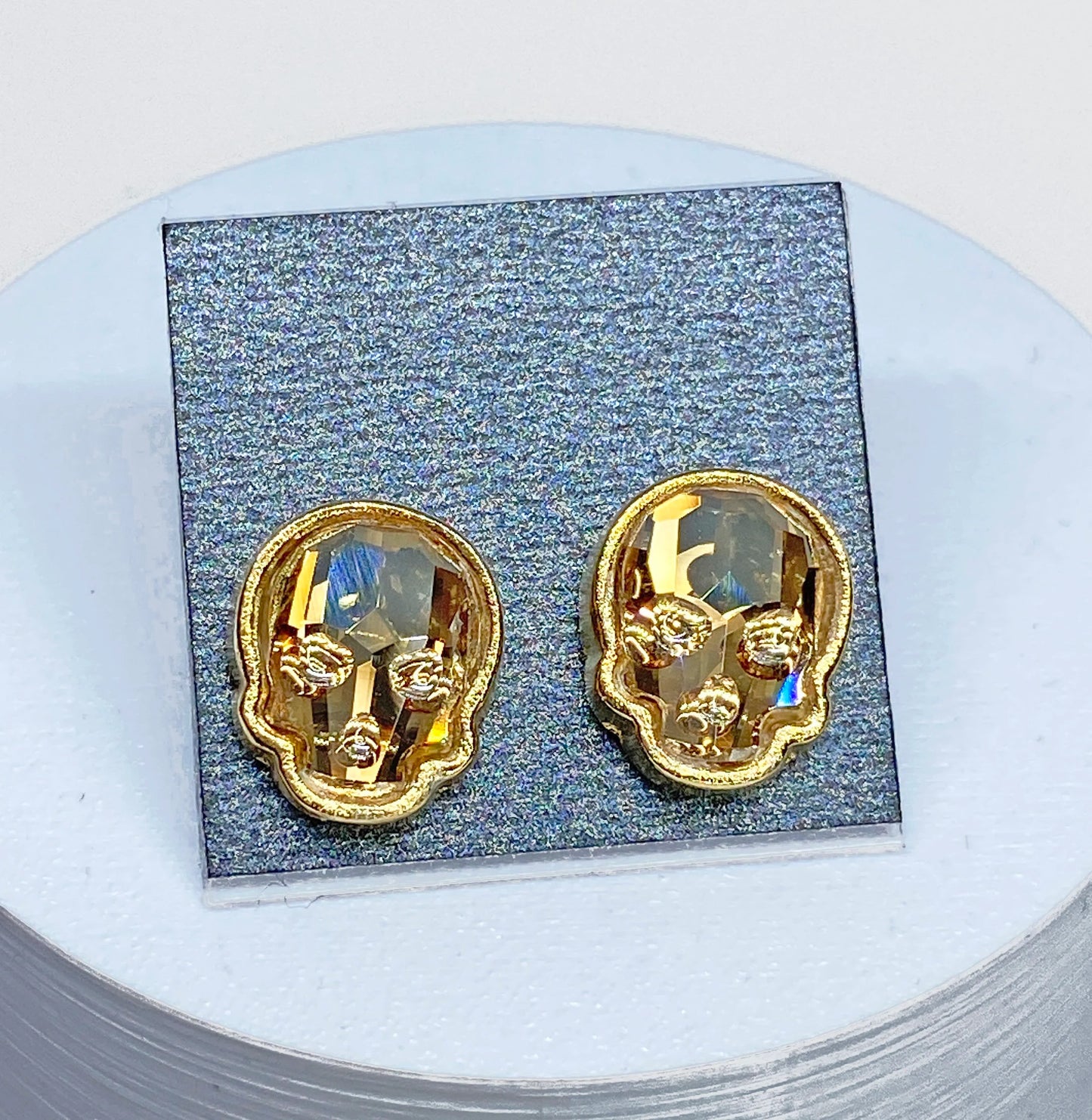 12x10mm Swarovski Crystal Skull Stud Earrings in Gold and Crystal Golden Shadow