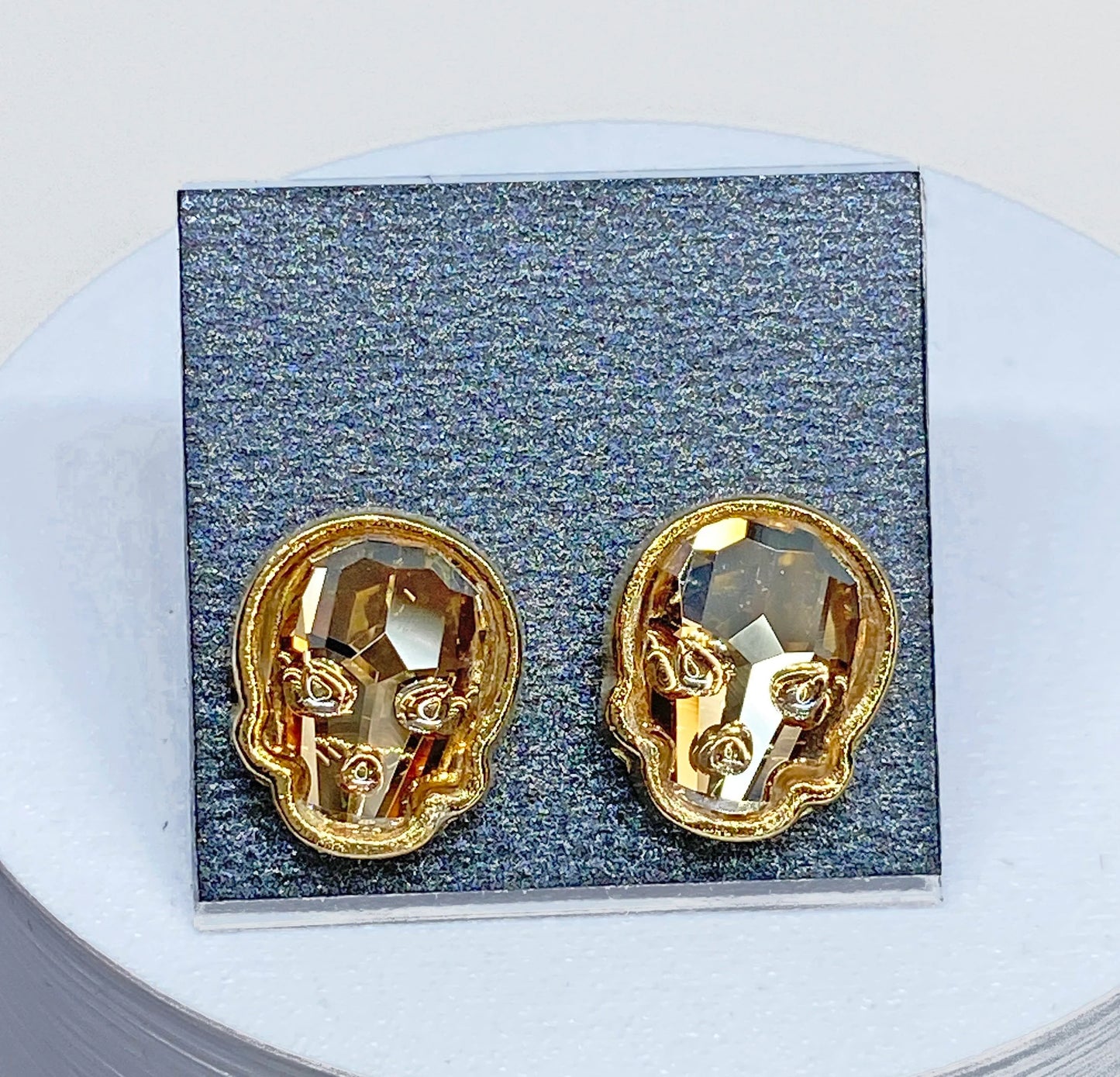 12x10mm Swarovski Crystal Skull Stud Earrings in Gold and Crystal Golden Shadow