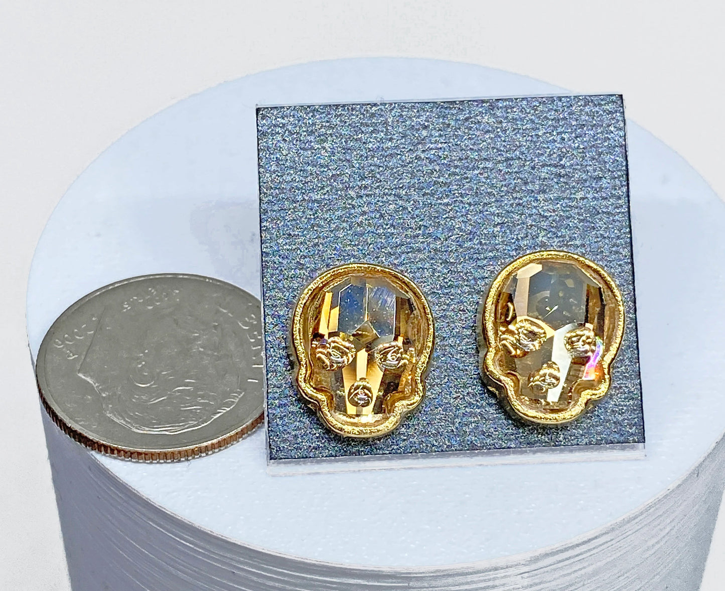 12x10mm Swarovski Crystal Skull Stud Earrings in Gold and Crystal Golden Shadow