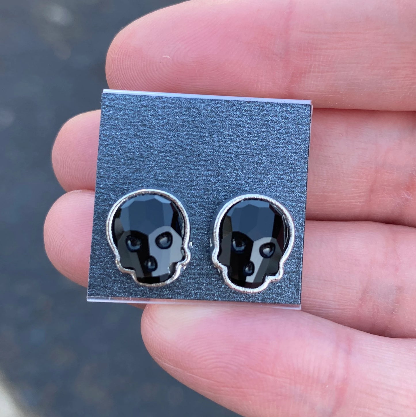 12x10mm Swarovski Crystal Skull Stud Earrings in Silver and Jet Black