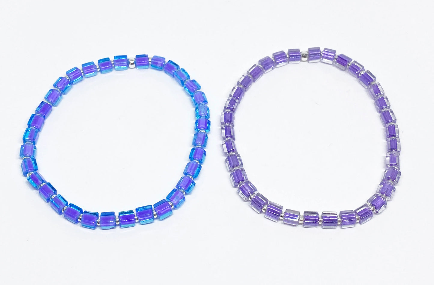 Mini Square Glass, Dainty Bead Bracelet in Blue or Purple