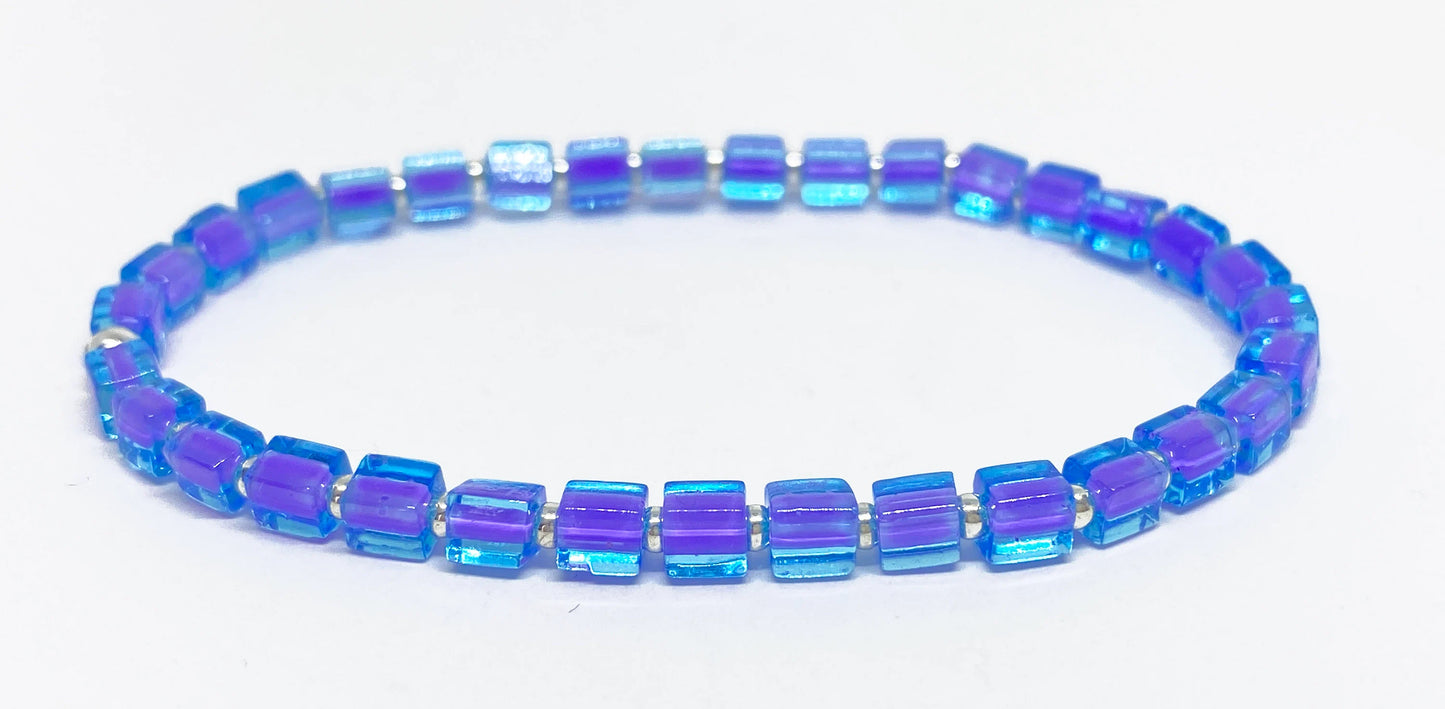 Mini Square Glass, Dainty Bead Bracelet in Blue or Purple