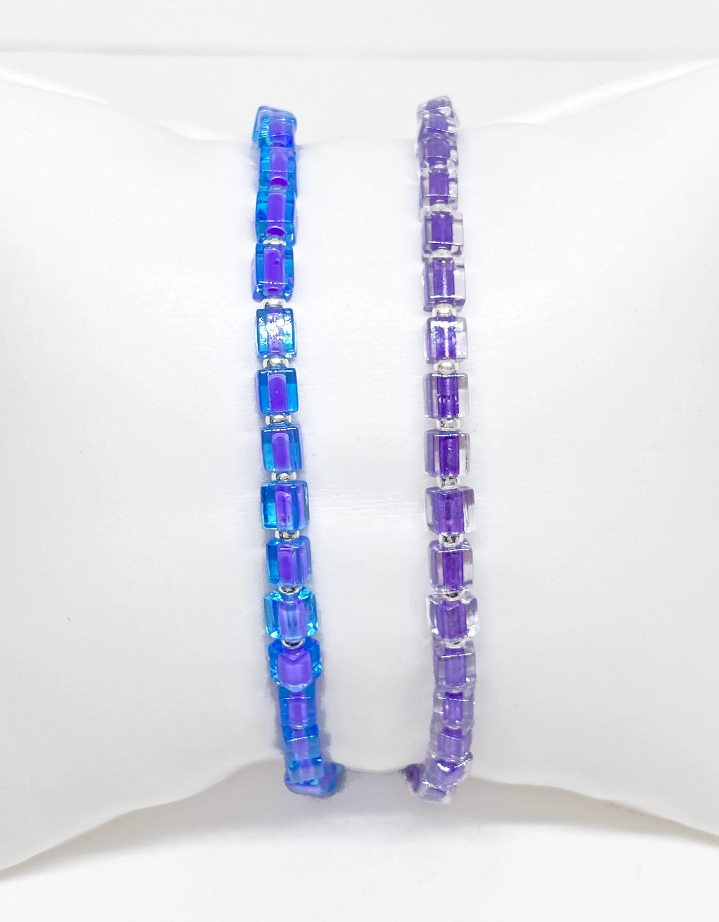 Mini Square Glass, Dainty Bead Bracelet in Blue or Purple