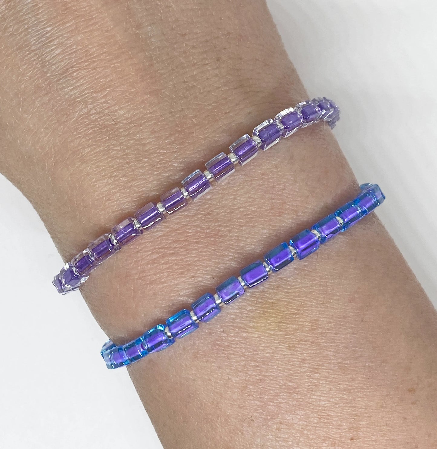 Mini Square Glass, Dainty Bead Bracelet in Blue or Purple