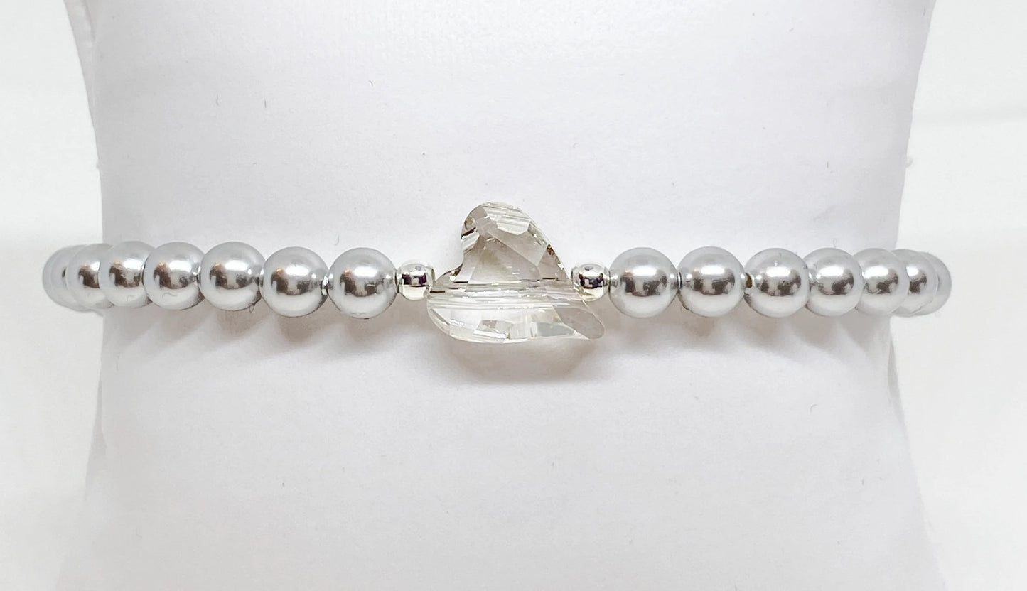 Swarovski Crystal Heart Bracelet with Swarovski Pearls in Silver & Gray