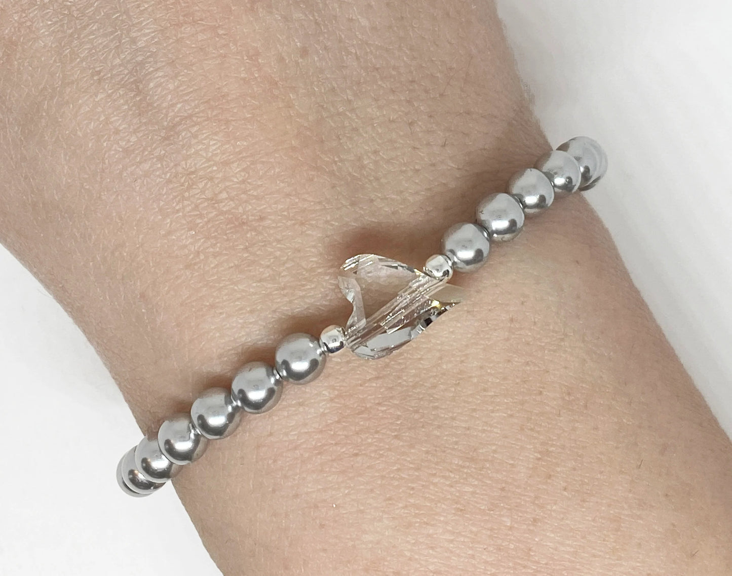 Swarovski Crystal Heart Bracelet with Swarovski Pearls in Silver & Gray